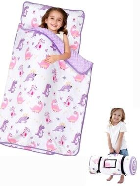 Dinosaur Purple & Pink Toddler Roll-Up Nap Mat with Pillow and Blanket